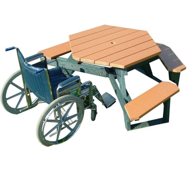 hex shaped accessible picnic table made from recycled plastic materials