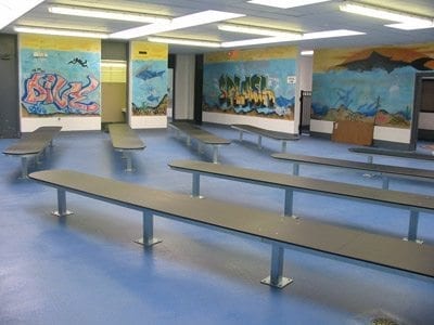 benches in lobby of Boston pool