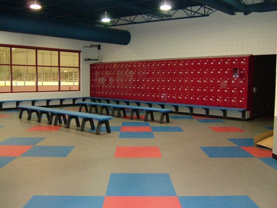 recycled plastic benches in changing area near lockers