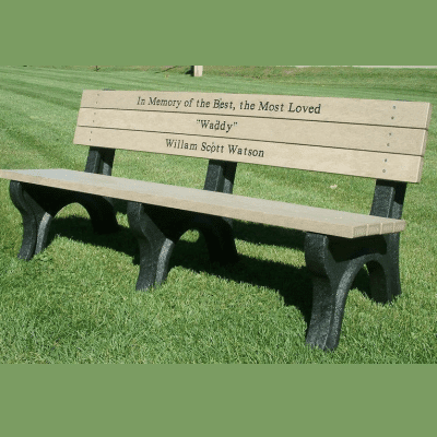 weathered bench, black frame, custom engraving