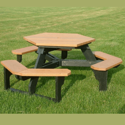 Open seat hex shaped picnic table made from recycled plastic material